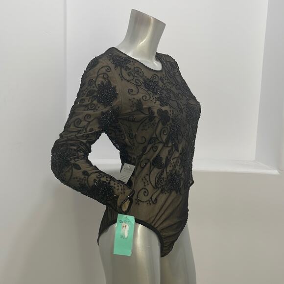 Bob Mackie Special Occasion Beaded Long Sleeve Bodysuit Black Size S - Picture 4 of 14